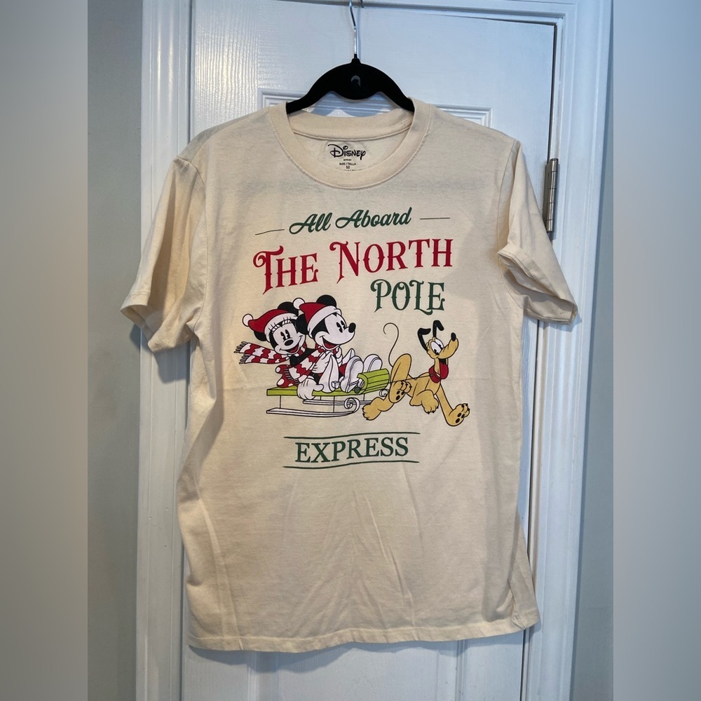 Disney Size M Cream Crew Neck North Pole Express Mickey Minnie Pluto Tee Shirt